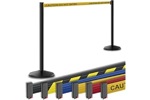 Visiontron Prime Retracta-Belt Stanchion with Retractable Belt Barrier (2pk), Crowd Control Barrier, 10’ Belt, Steel Post, No Tools Required (Black Post w/Caution Do Not Enter Belt)