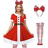 For G and PL Women's Christmas Elf Costume Short Sleeve Red Green Graphic Swing Dress with Headband and Striped Socks