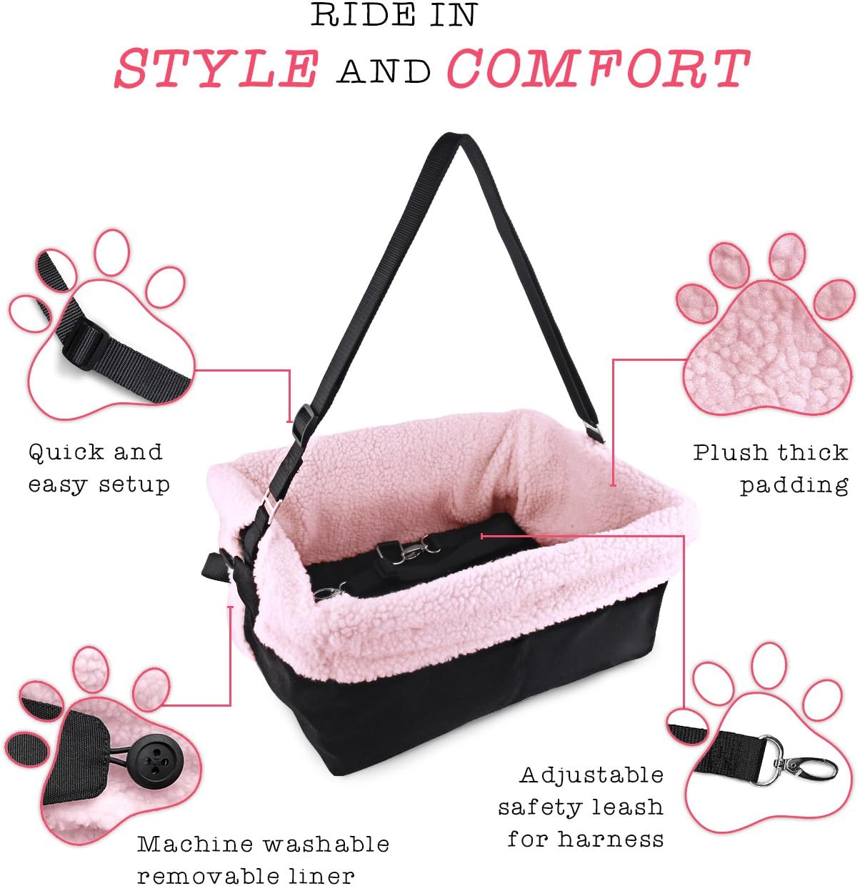 Pink and Black Cozy Boost with Clip On Leash- Premium Quality Dog Booster Seat and Collapsible Dish for Small Dogs, Puppies, and Pets Up to 20 lbs : Pet Supplies