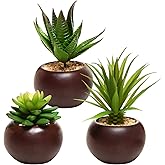MyGift Succulents Plants Artificial, Fake Faux Indoor House Plants in Round Brown Ceramic Pots, Set of 3