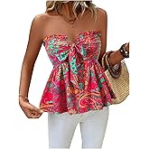 SOLY HUX Women's Tube Top Boho Floral Print Strapless Sleeveless Tie Front Ruffle Hem Summer Tops
