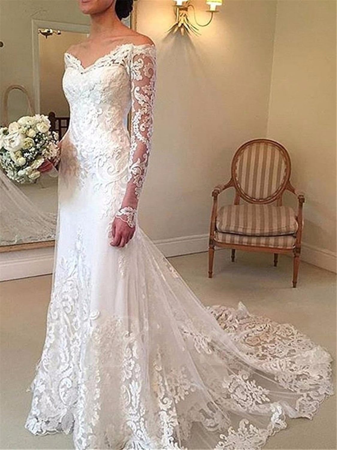 Annxrose Damen Lange Armel Off The Schulter Tull Spitze Appliques Meerjungfrau Brautkleid Hochzeitskleid Damen Kleider Alphabetville Org