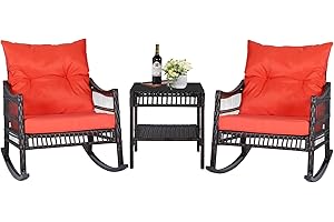 Yardenaler 3 Pieces Outdoor Rattan Rocking Bistro Set with Cushions, Patio Wicker Furniture Set with Rocker Chair & Glass Coffee Table, Conversation Set for Porch, Balcony, Backyard, Orange