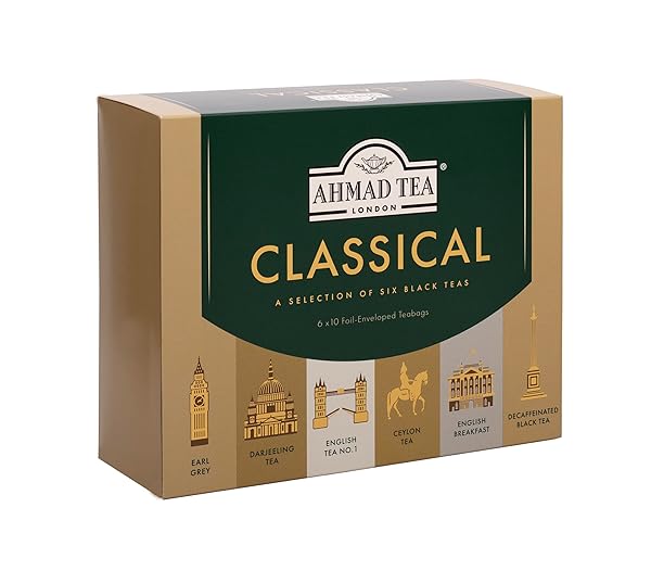 AHMAD TEA BLACK TEA, CLASSIC SELECTION PACK TEABAGS, 60 FOIL TEABAGS – CAFFEINATED, DECAFFEINATED, & SUGAR-FREE