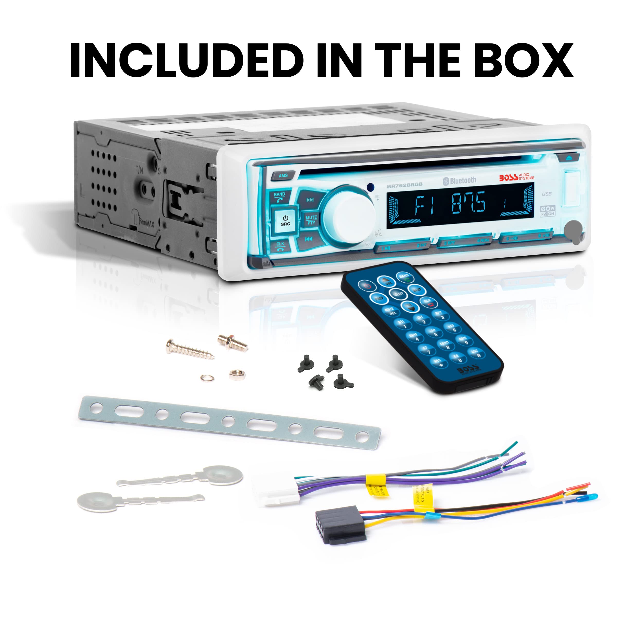 BOSS Audio Systems MR762BRGB Marine Boat Stereo – Single Din, Bluetooth, CD DVD Player, AM FM Radio Receiver, Weatherproof, Multicolor Illumination