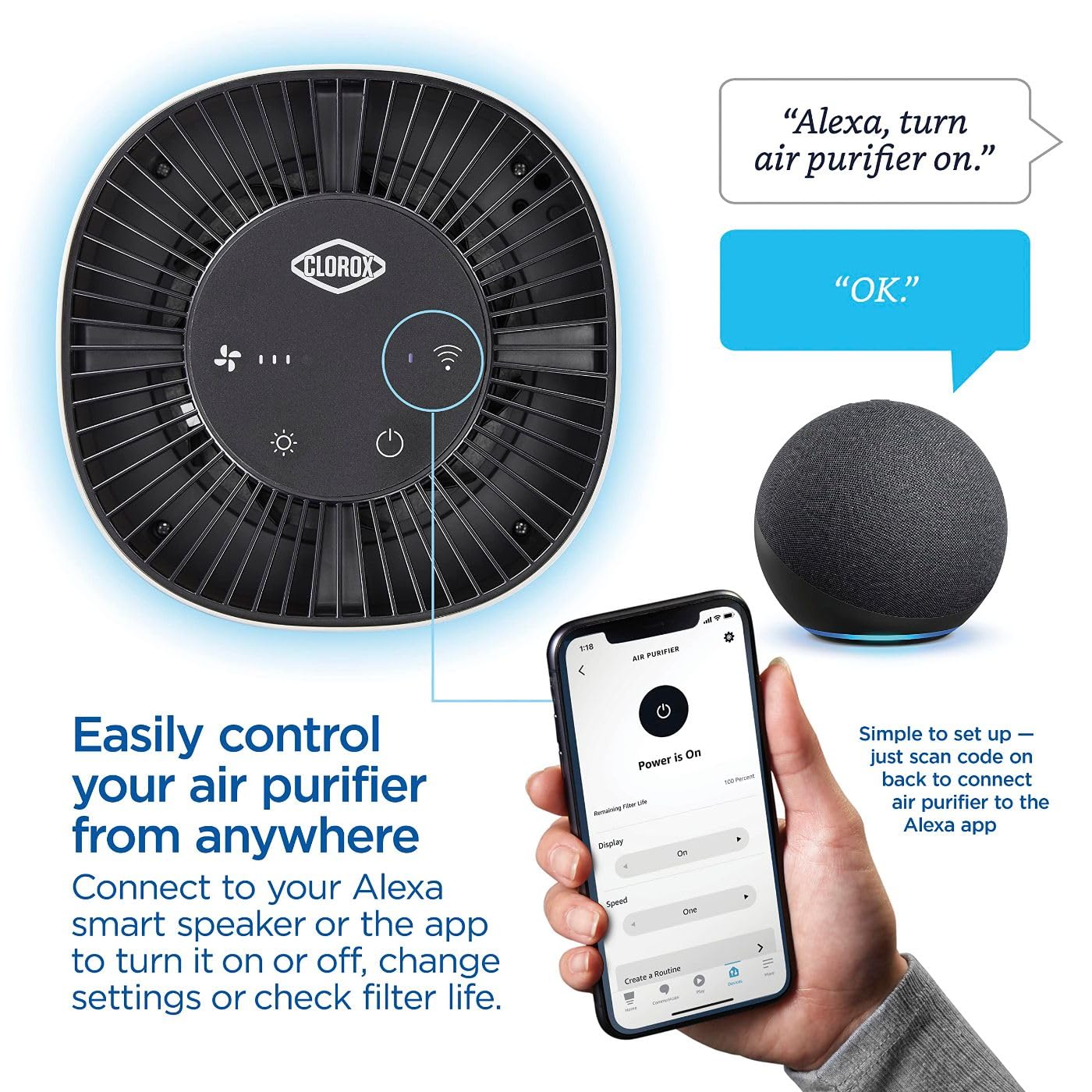 Clorox Smart Air Purifiers for Bedroom Home, True HEPA Filter, Works with Alexa, Small Rooms up to 200 Sq Ft, Removes 99.9% of Viruses, Wildfire Smoke, Mold, Allergies, Dust, AUTO Mode, Whisper Quiet