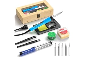 CRTSWEKER Soldering Iron Kit, 190W Soldering Gun, 110V LED Solder Kit for Electronics, Adjustable Temperature 356-932℉, Includes Solder Wire, Sucker, Tips, Stand, Tweezers, Paste and Solid Wood Box, Blue