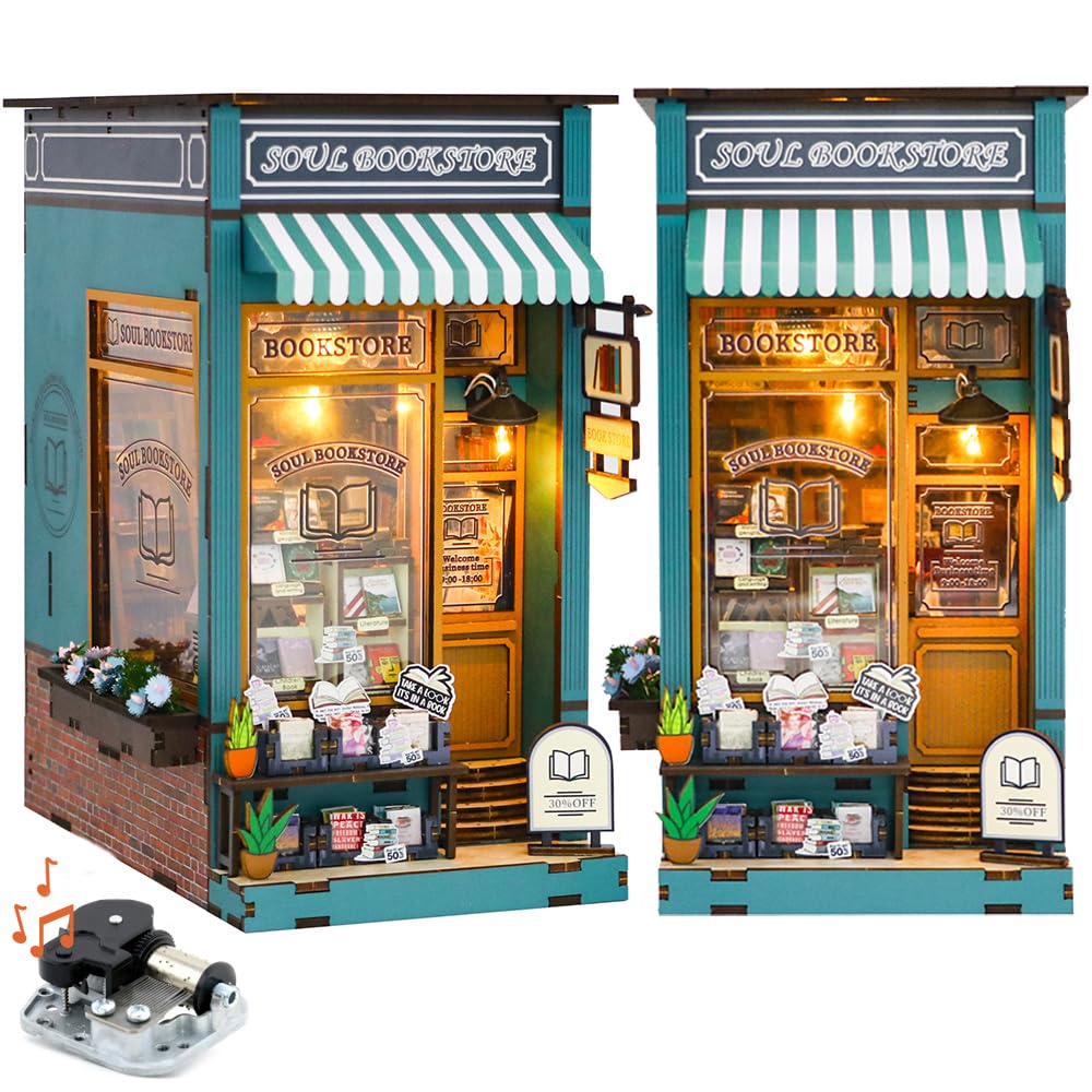 DIY Book Nook Kit, DIY Dollhouse Booknook, 3D Wooden Puzzle Bookends, Book Nook Miniature Kits with LED Light for Adults(M2314)