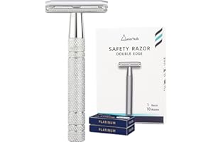 Gearhub Double Edge Safety Razor Reusable Stainless Metal Wet Shaving Razor with 10 Swedish Platinum Blades for Men Women Barber Bikini Armpit Hair, Silver GRB2D