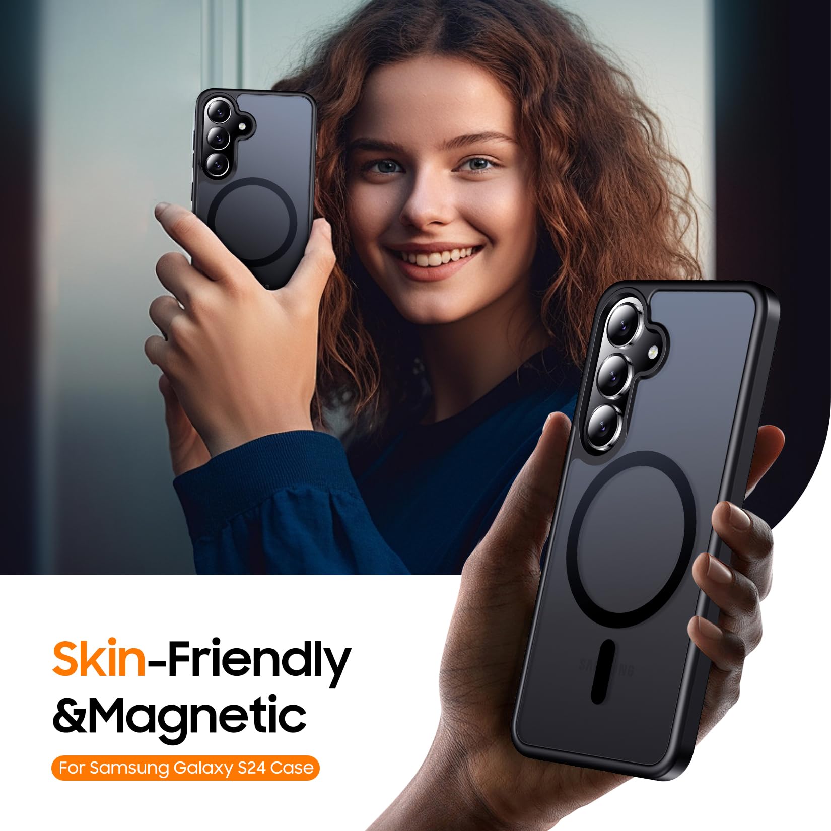 Designed for Magnetic Samsung Galaxy S24 Case,[Compatible with MagSafe] [Military Grade Drop Protection] Slim Translucent Matte Shockproof with Anti-Fingerprint Phone Case-Black