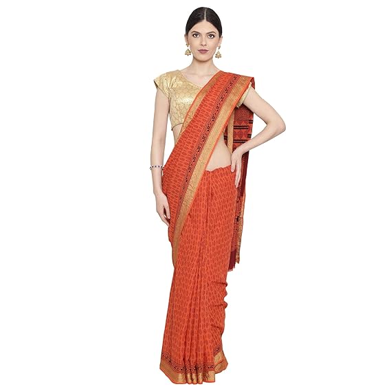 Womens Bagh Block Print Handcrafted Maheshwari Cotton Saree (ZIBASA0085, Orange and Maroon)
