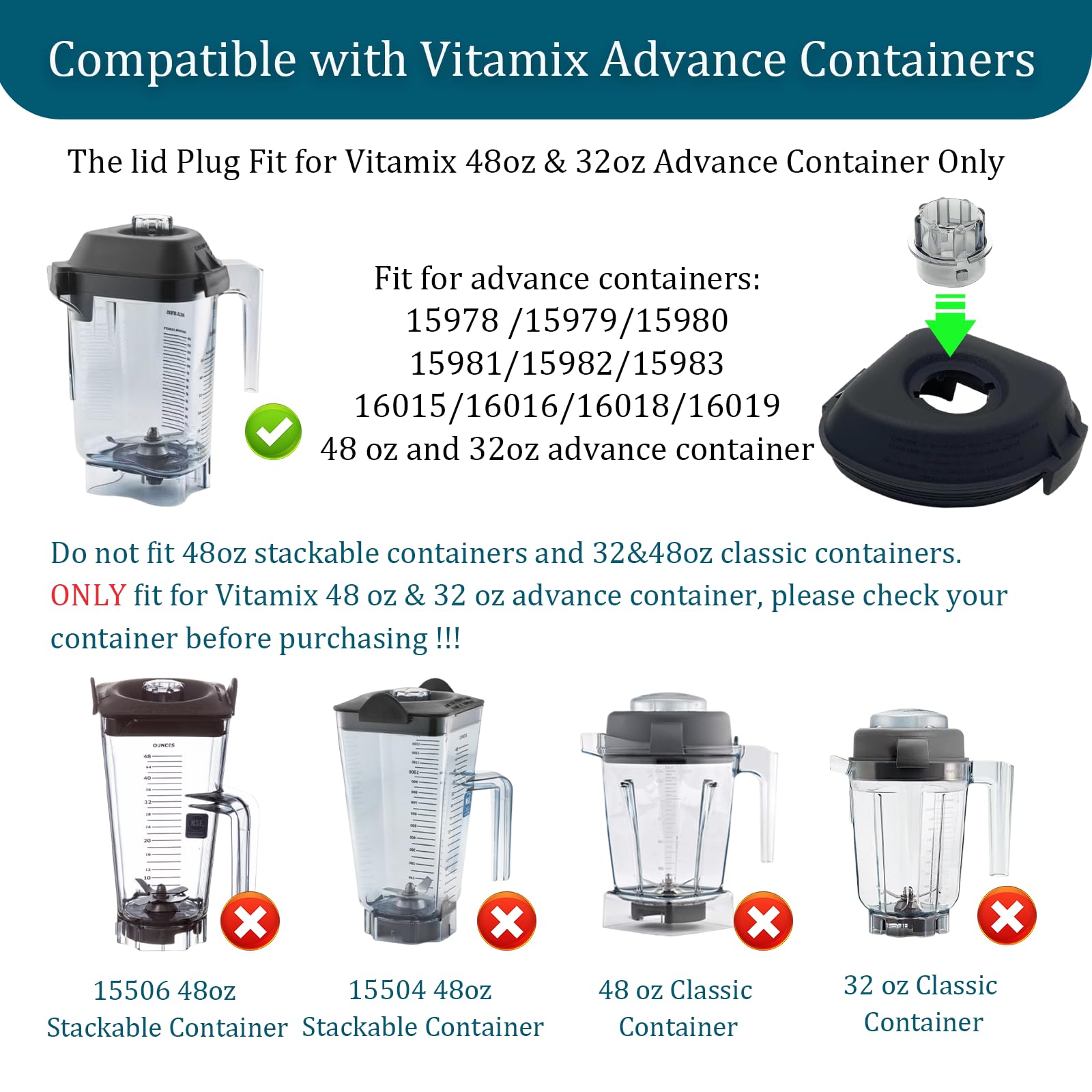 Compatible with vitamix Lid Plug Advance Container 48 Oz & 32 Oz,Fit Models the Quiet One VM0145 BarBoss Drink Machine Advance Blender,Lid Plug for Advance Containers 15978 16016 15981 16019（1PCS）
