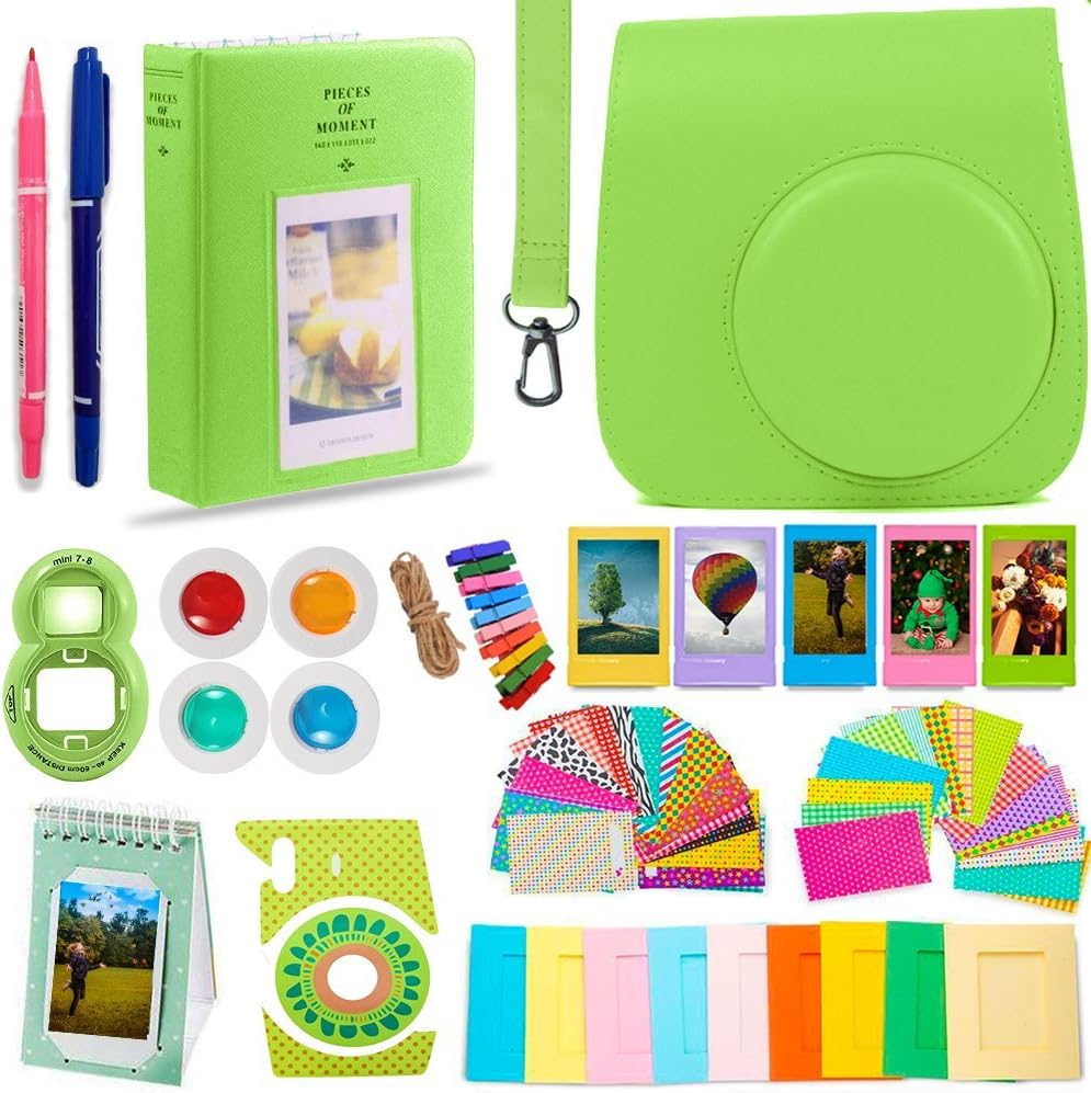 DNO Fujifilm Instax Mini 9 Accessories (11 Piece Kit) - Protective Case, Hanging Frames, Filters & Selfie Lens, Photo Album, Film Decor Stickers & More - Flamingo Pink (Green kit for Fuji)