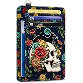 Yonlevres Cat Skull Credit Card Holder Slim Wallet, Floral Goth RFID Wallet Women Front Pocket Small Card Holder, Funny Skeleton Travel Card Case ID Window PU Leather RFID Blocking Card Organizer Gift