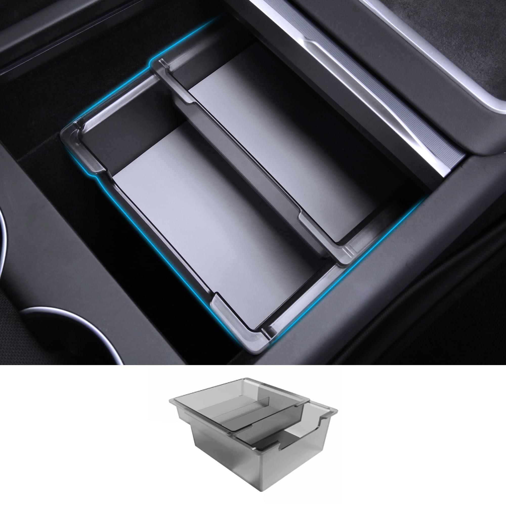 Photo 1 of Arcoche 2PC Center Console Organizer Tray for Tesla Model Y Juniper 2025 2026 Flocked Armrest Drawer Storage Box Interior Accessories