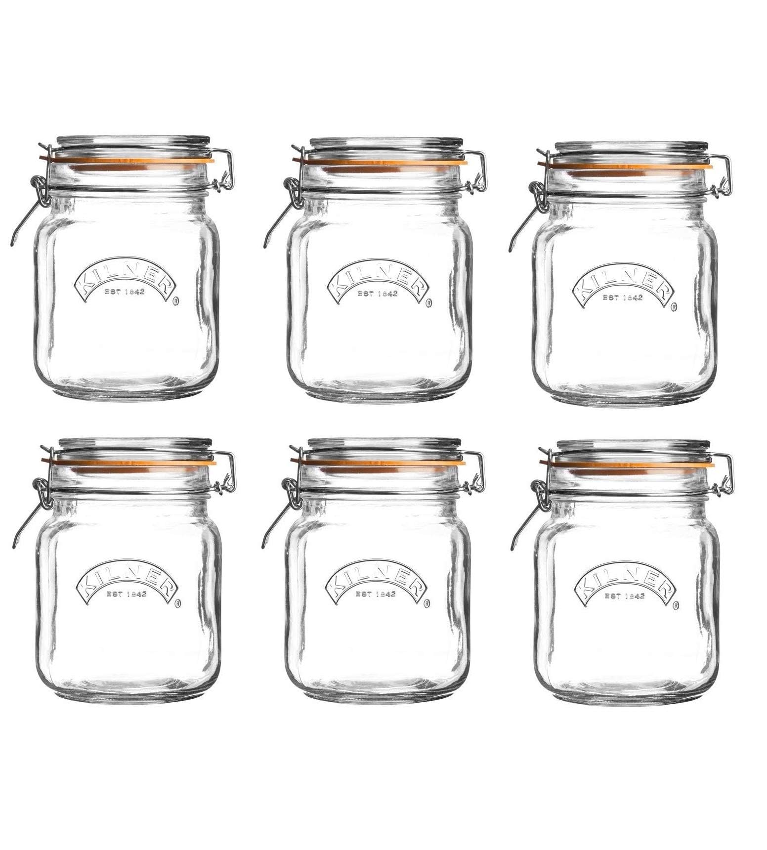 6 x Kilner Clip Top Glass Storage Jar - Square 1 Litre