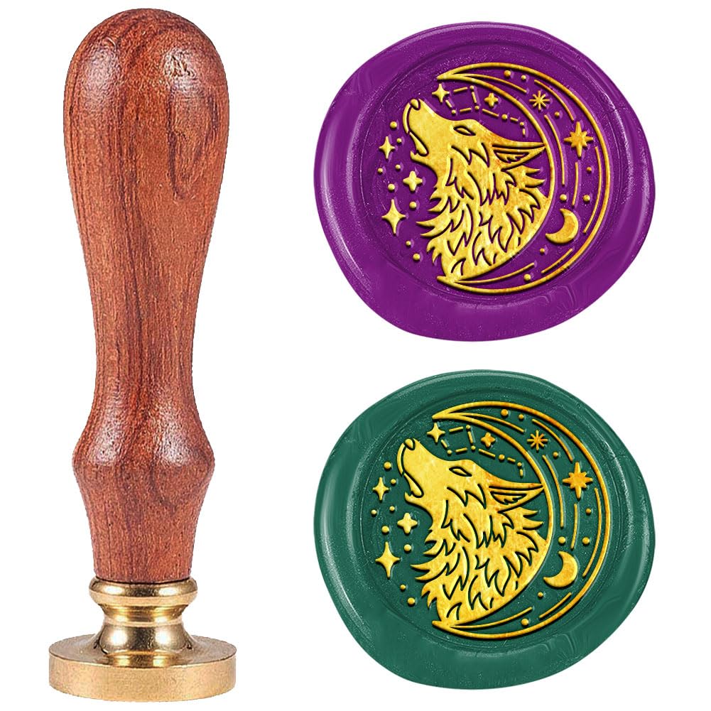 DELORIGIN 1" Wolf and Moon Wax Seal Stamp, Retro Sealing Stamps Removable Brass Head with Wooden Handle Seal Stamp Moon Sealing Wax for Envelope Greeting Card Letter Wedding Invitations Gift Wrapping