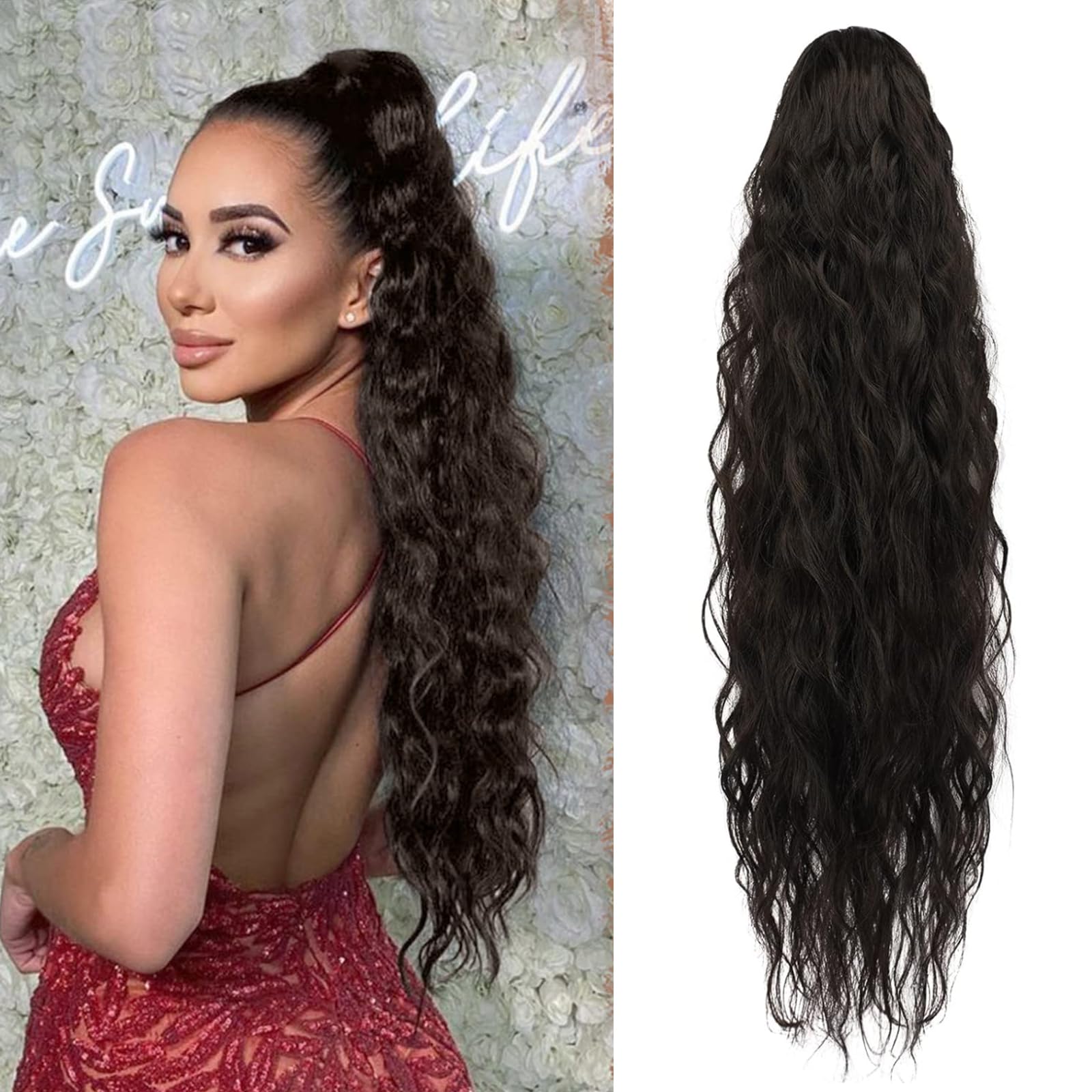 Jupmov 26 Inch Ponytail Extension, Long Wavy Hair Extensions, Synthetic Hair Piece for Women, Soft Natural Pony Tail, Drawstring for Daily Use(Chocolate Brown)