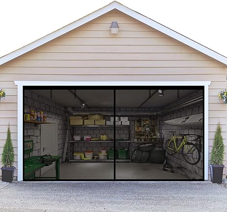 Amazon ダブルガレージスクリーンドア 16 X 7フィート 2つの車庫ドアにフィット 通気性のあるファイバーグラスガレージスクリーンカバー キット 38個の高エネルギーマグネット 重み付けされた底部より強力な2240g 5ポンド 網戸