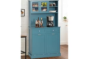 YOCONYO Double Tilt Out Trash Cabinet Storage Cabinet 20 Gallon with Two Solid Wood Hideaway Trash Holder Drawers, Dual Wooden Free Standing Recycling Cabinets Trash Can Bin Kitchen (Teal Blue)