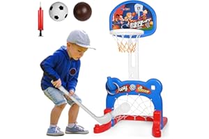 Madzee 4-in-1 Kids Basketball Hoop, Sports Activity Center, Basketball, Soccer, Hockey, Ring Toss Game Playset, Ideal Indoor and Outdoor Sports Activity Center for Boys Girls Toddlers