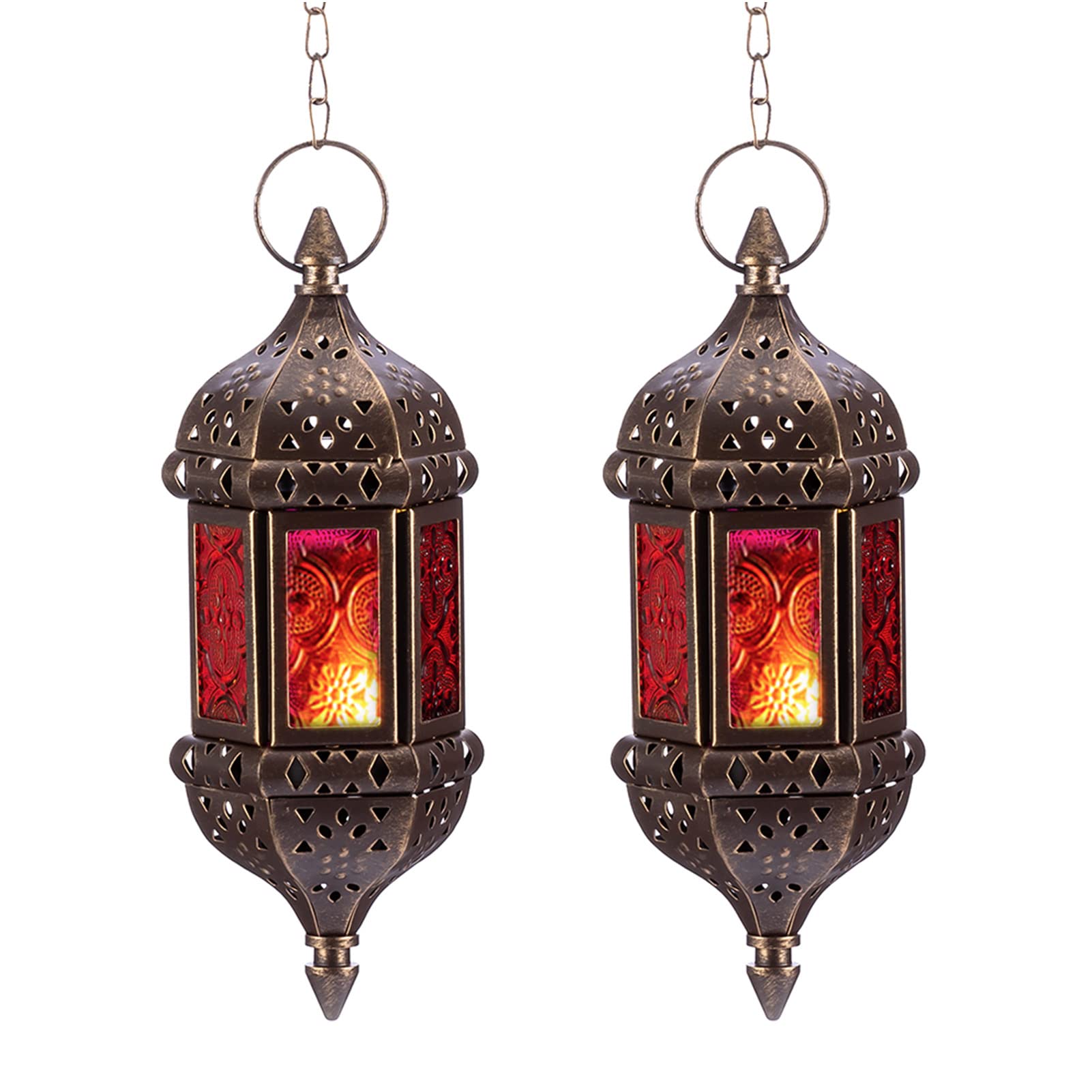 Nuptio Moroccan Candle Lantern 2 Pcs Hanging Tea Light Candle Holders Metal & Glass Ramadan Lamp Brown Decorative Lanterns for Candles for Living Room Balcony Patio Halloween Christmas Decorations