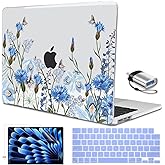 LCMOCICO for M4 MacBook Air 15 inch Case A3241 2025 2024 2023 M3 A3114 M2 A2941 Liquid Retina Display & Touch ID, Printed Pattern Plastic Hard Keyboard Cover Screen Protector, Tropical Blue Flowers