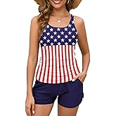 Two Piece Tankini Swimsuits for Women 2026, Tummy Control Bathing Suit with Shorts, Athletic Two Side Pockets Swimwear American flag XX-Large