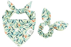 E-Clover Dog Bandanas & Matching Scrunchie Set Girl Dog Bandana Scarf Washable Kerchief Bibs for Medium Large Dogs Pet Owner Birthday Gift Green
