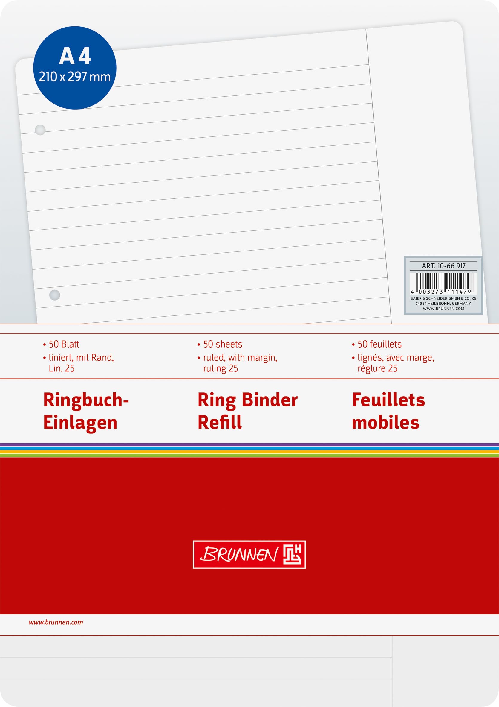 BRUNNEN A4 Ring Binder Loose Leaf Refill Pad 25 Lines per Page with Margin 50 Sheets 70 g/m² 1066917