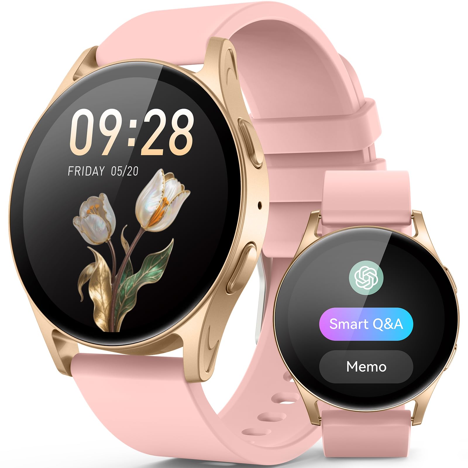 Photo 1 of AI Smart Watch wtih GPT, 41mm 1.32" AMOLED, Answer/Make Calls, Activity Fitness Tracker for Android iPhone with AOD, 150+ Sports, Calorie & Step Counter, Sleep Monitor, Women Men, 2 bands (Gold-Pink)