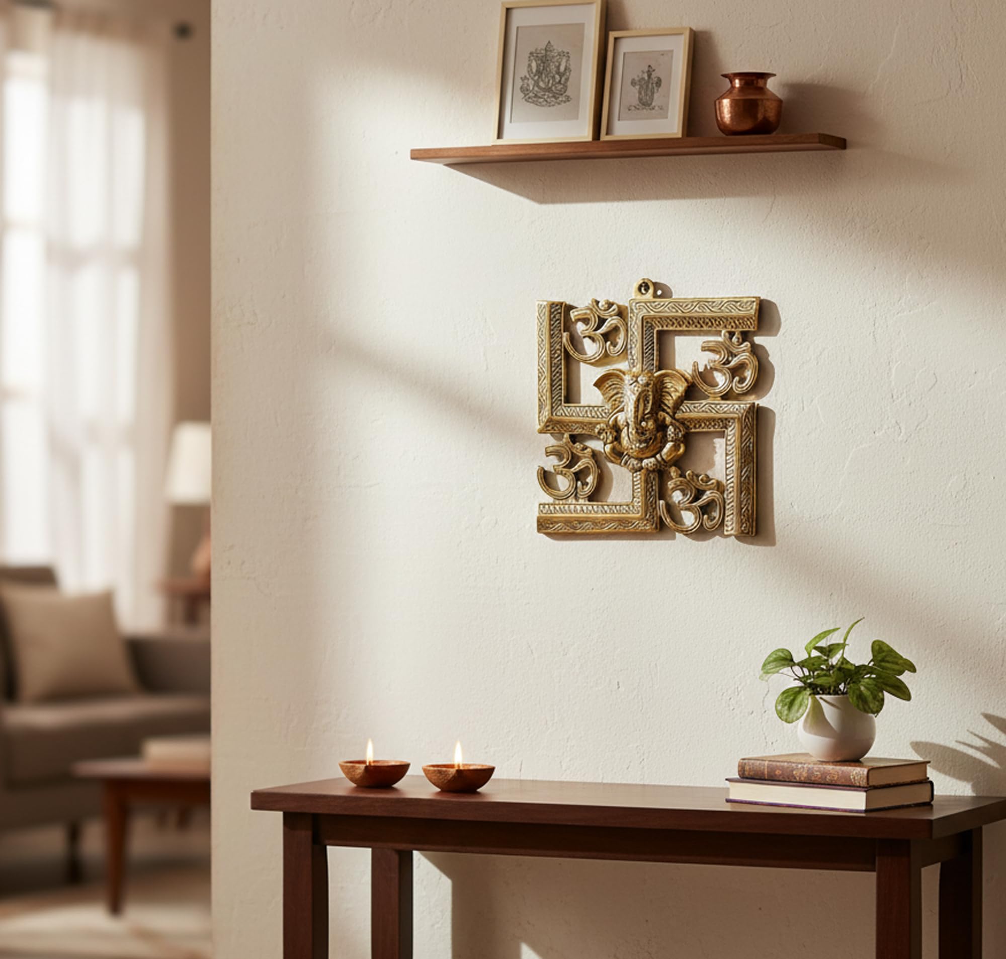 ESPLANADE Brass OM Aum Swastik Sathiya and Ganesha Ganesh Wall Hanging Yantra - 8.5" Inches (Big Size)