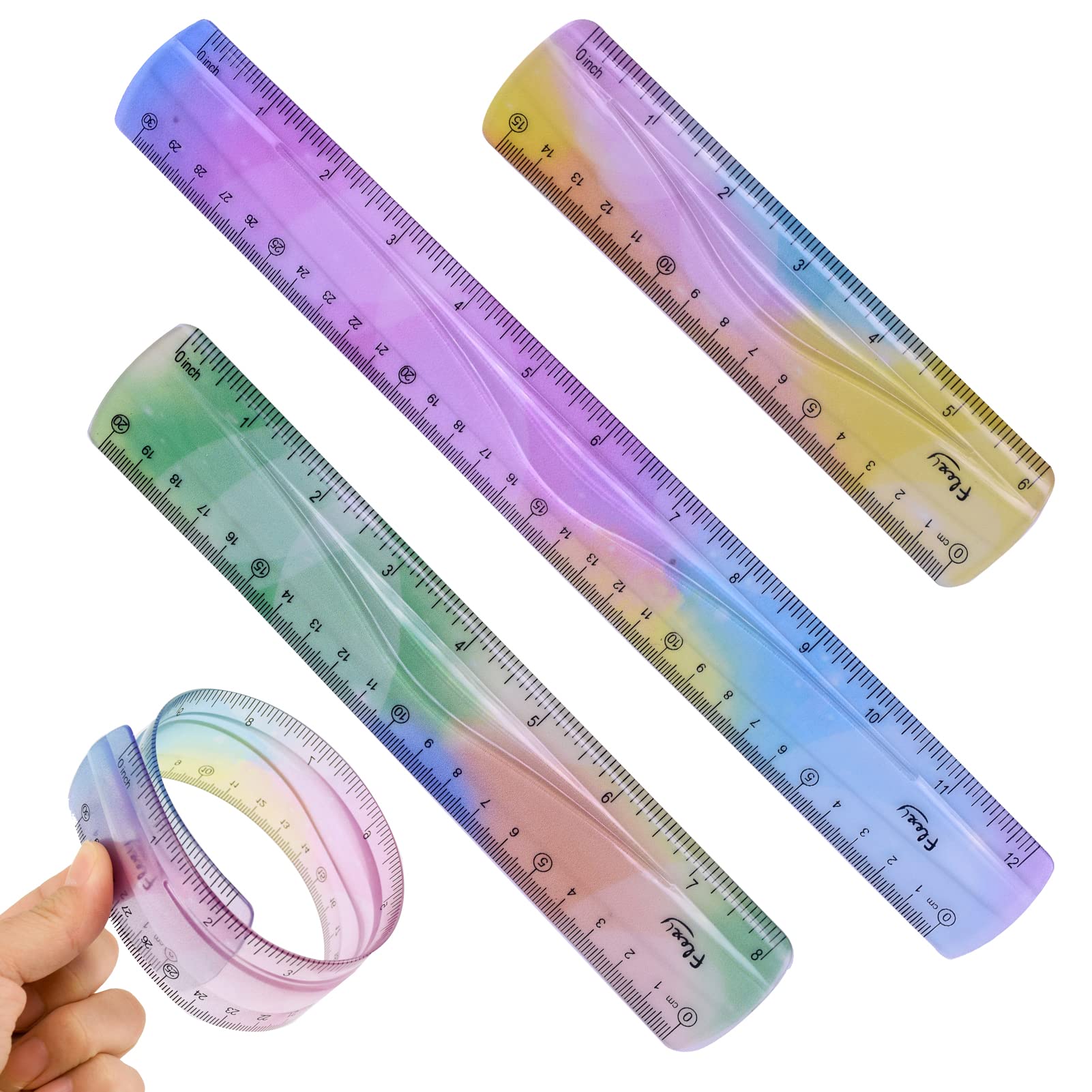 Zngou 3 Pcs Flexible Ruler 30cm/20cm/15cm Colorful Rulers Unbreakable Soft Bendable Plastic Shatter Resistant Shatterproof Straight Classroom for School (12/8/6 inch)