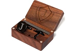 PROPHET CLUE PC Mens Initial Cufflinks and Tie Clip A-Z Alphabet Letter Black Stainless Cuff Links Tie Bar with Engraved Walnut Wood Box Groom Groomsman Wedding Set
