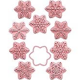 9 Patterns of 3D Snowflake Cookie Stamps Set, Food Grade Plastic 6 Branches Shaped Snowflakes Stamping Cookie Cutters Fondant Stamper Set for Baking (Pink)