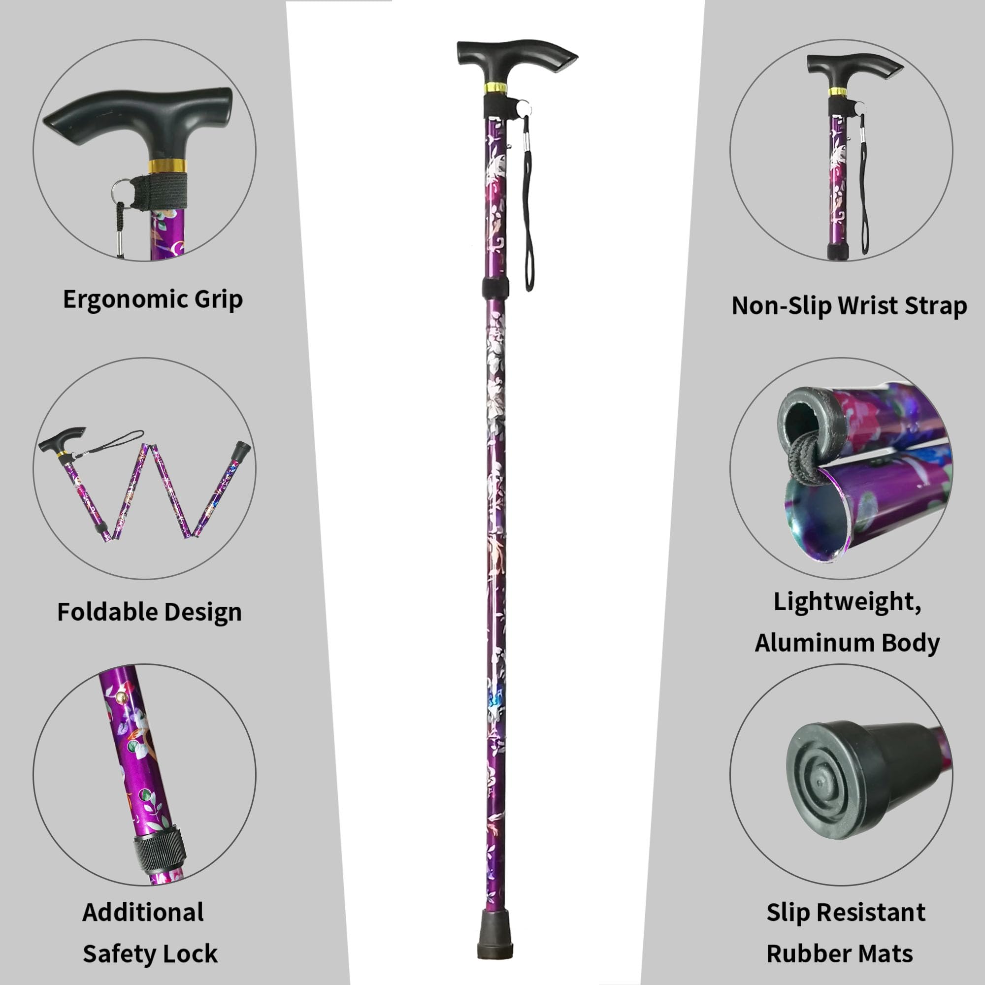 Folding Cane, 5-Level Adjustable Height Lightweight Portable Foldable Walking Canes with Wrist Strap and T Handle for Men Women Seniors
