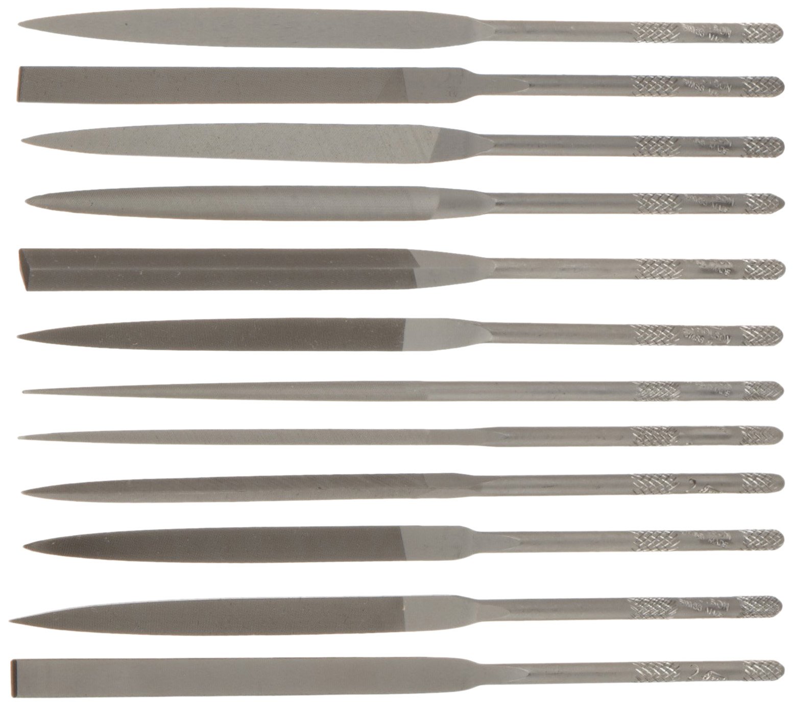 Nicholson 37398 12 Piece Needle File Set with Handles, Swiss Pattern, Double Cut, #2 Coarseness, 5-1/2" Length