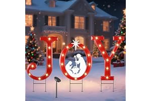 Lewondr 3 PCS Christmas Decororations Outdoor, 23.62" Solar Metal Joy Nativity Yard Sign, Xmas Garden Stakes with Warm Light, Waterproof Solar Garden Decor for Pathway Yard Lawn Patio