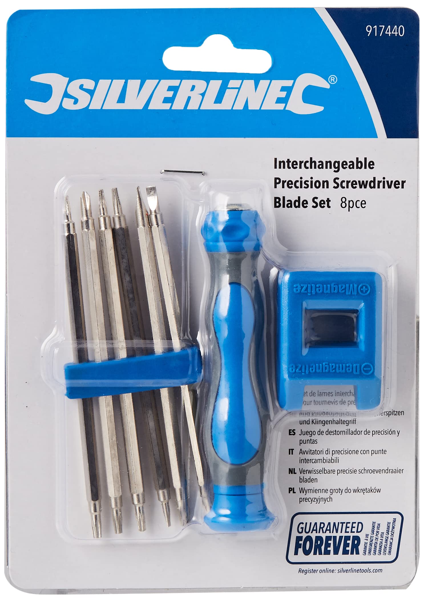 Silverline 917440 8pce Interchangeable Precision Screwdriver Blade Set 8 Piece, Blue Pantone 300C (PP)/Grey 431C (TPR)