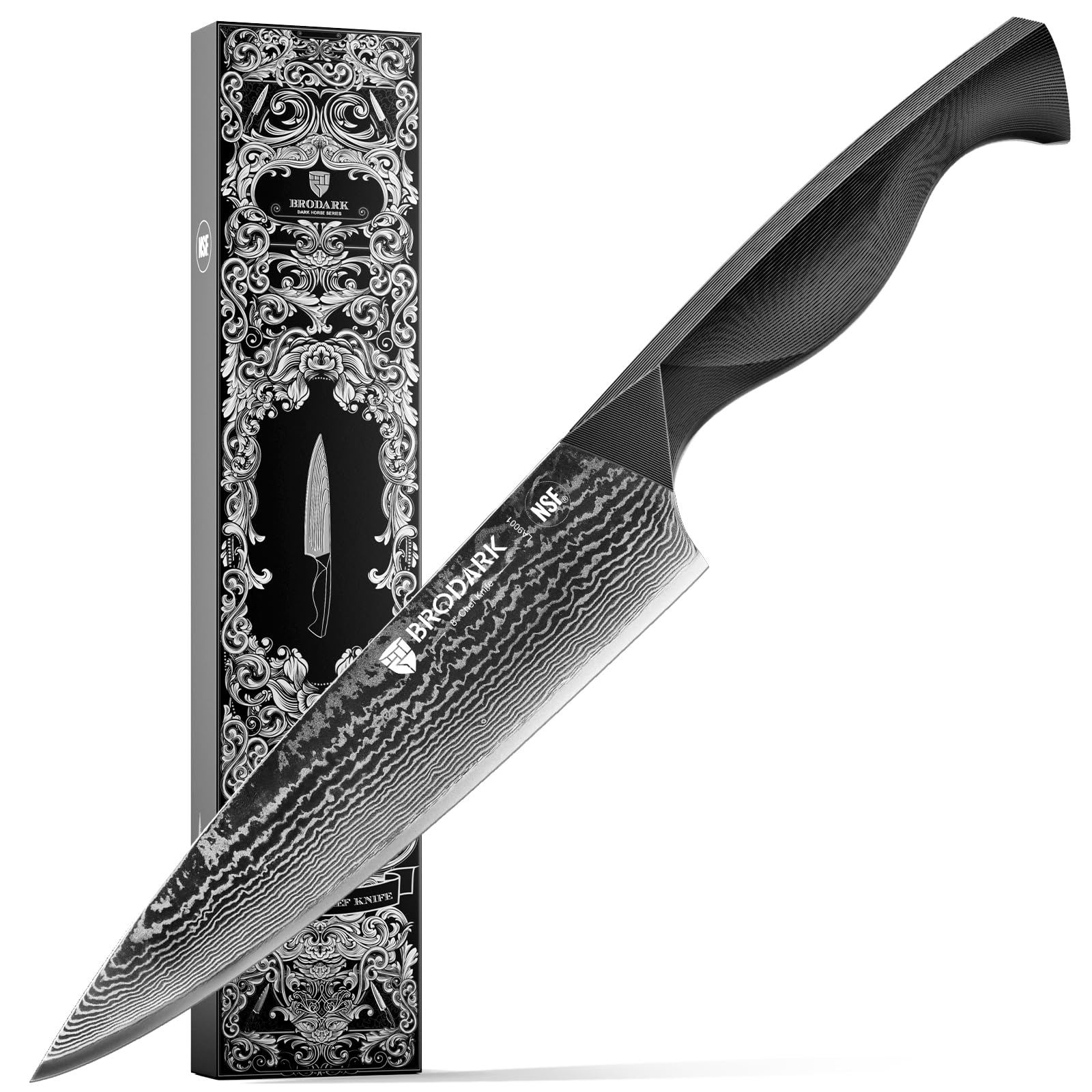 Photo 1 of BRODARK Damascus Chef Knife 8 Inch: Ultra Sharp Kitchen Knife, Japanese Knife with Full-Tang Ergonomic Handle, Cooking Knife for Home, Restaurant (Dark Horse Series)