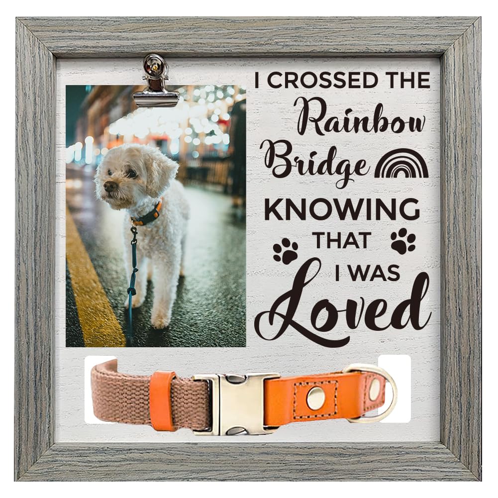 FINGERINSPIRE Pet Memorial Picture Frame 23x23cm I Crossed The Rainbow Bridge Knowing That I Was Loved Pet Photo Frame with Photo Clip & Collar Holder Wood Memorial Gift Frame for Dogs Cat that Passed
