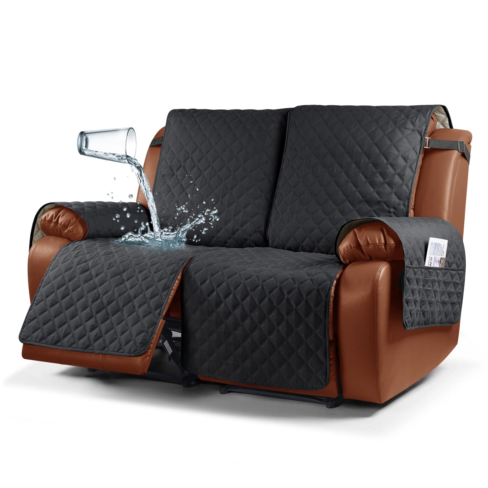 Photo 1 of Ruaozz Waterproof Recliner Sofa Cover 1-Piece Couch Covers for Reclining Couches Reclining Sofa Cover Washable Furniture Protector with Elastic Straps Pocket for Kids, Pets (Black, 2 Seater)