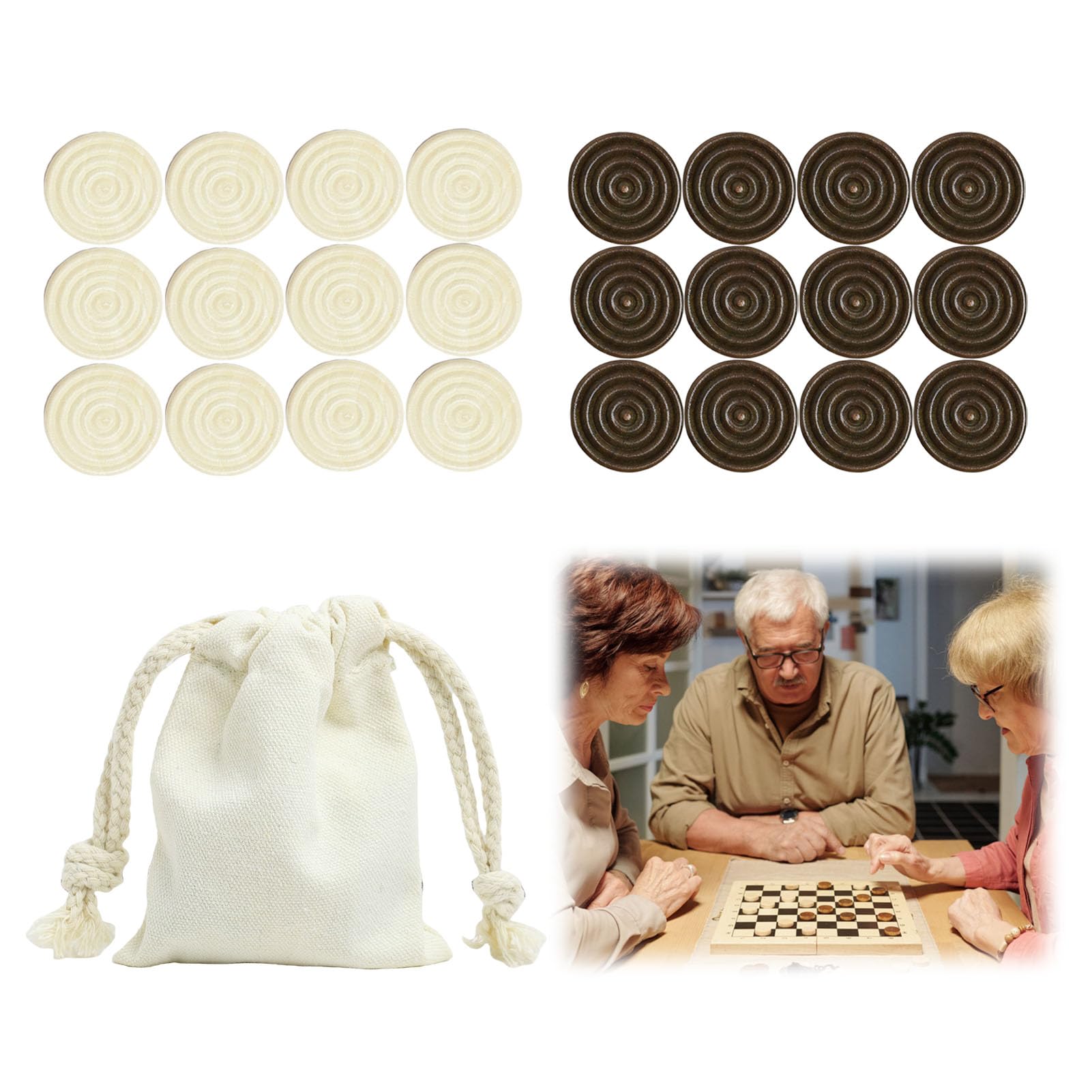 SMCEHEYA Draughts Set, 24 Pcs Checkers with Drawstring Bag, Board Game Pieces Replacement, Quality Stackable Checkers for Kids Learning, Camping