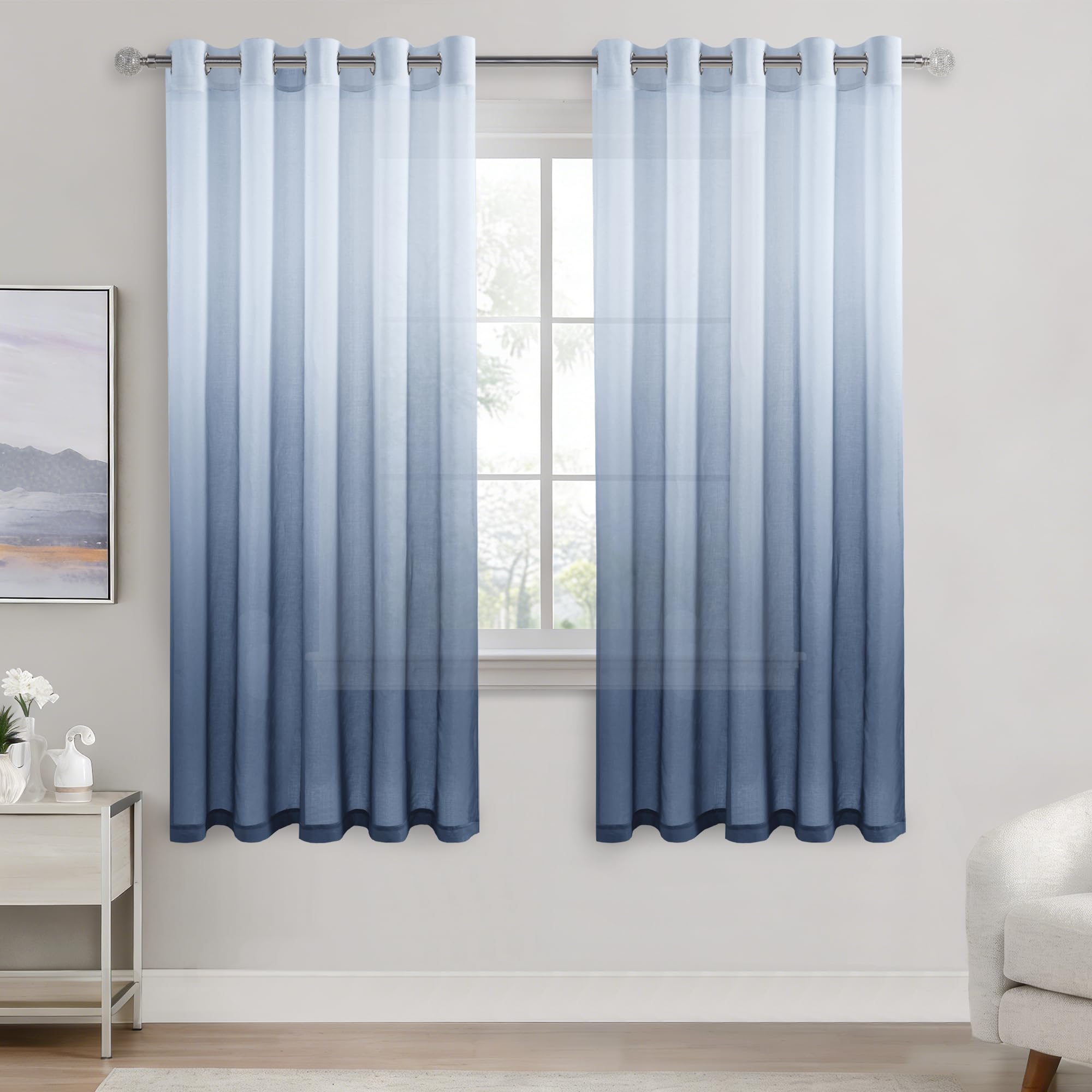 DWCN Voile Net Curtain 72 Drop Pair Blue Gradient Curtains for Living Room Sheer Curtains for Bedroom Eyelet Set of 2, 66 x 72 Inches