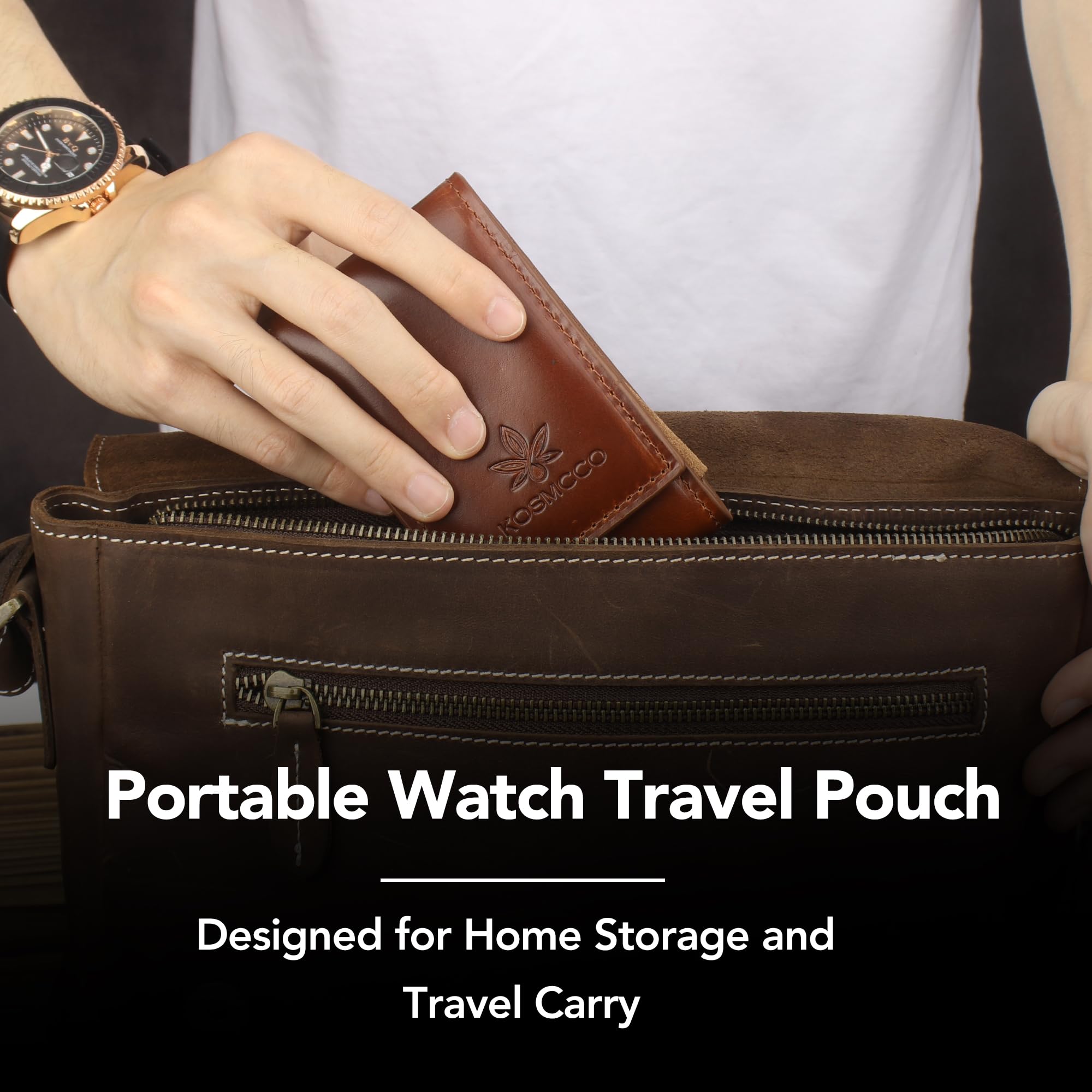 KOSMCCO Leather Watch Pouch - Portable Travel Pouch with Suede Lining and Leather Inserts, Single Watch Case for Lovers Gift (Brown)
