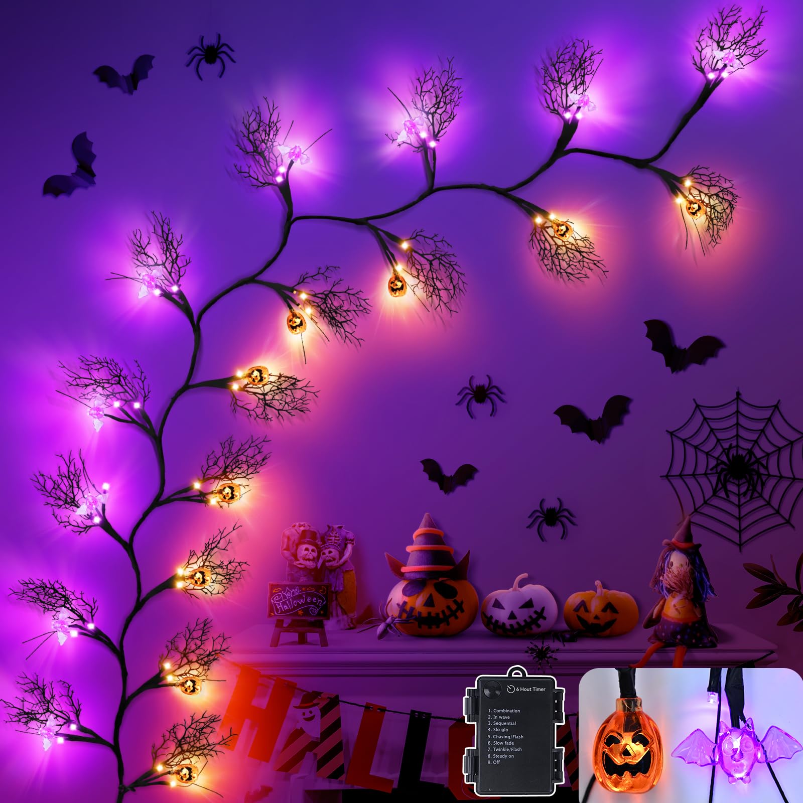 Photo 1 of  FT 54 LED Halloween Lights, 8 Modes & Timer Battery Operated Halloween Pumpkins Bats Lights with Willow Vine Twig Garland, 3D Waterproof Decorations Lights for Indoor Wall Party Fireplace Mantle