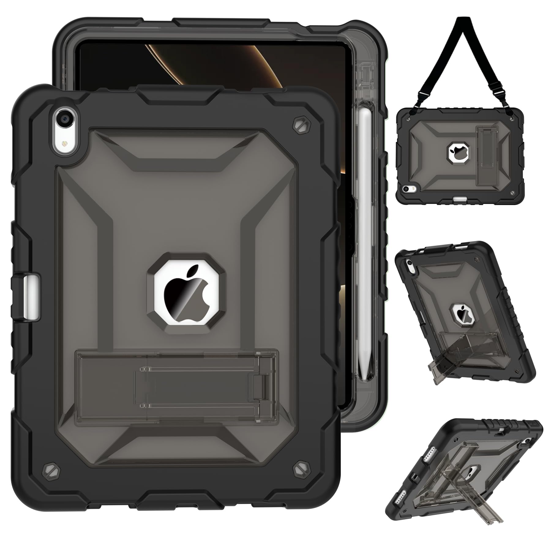 Photo 1 of TIMISM Case for iPad (A16) 11th/10th Generation(2025/2022) with Shoulder Strap, Kickstand and Pencil Holder, Translucent Hard PC Back Cover, Heavy Duty Shockproof Rugged Protective Case, Black