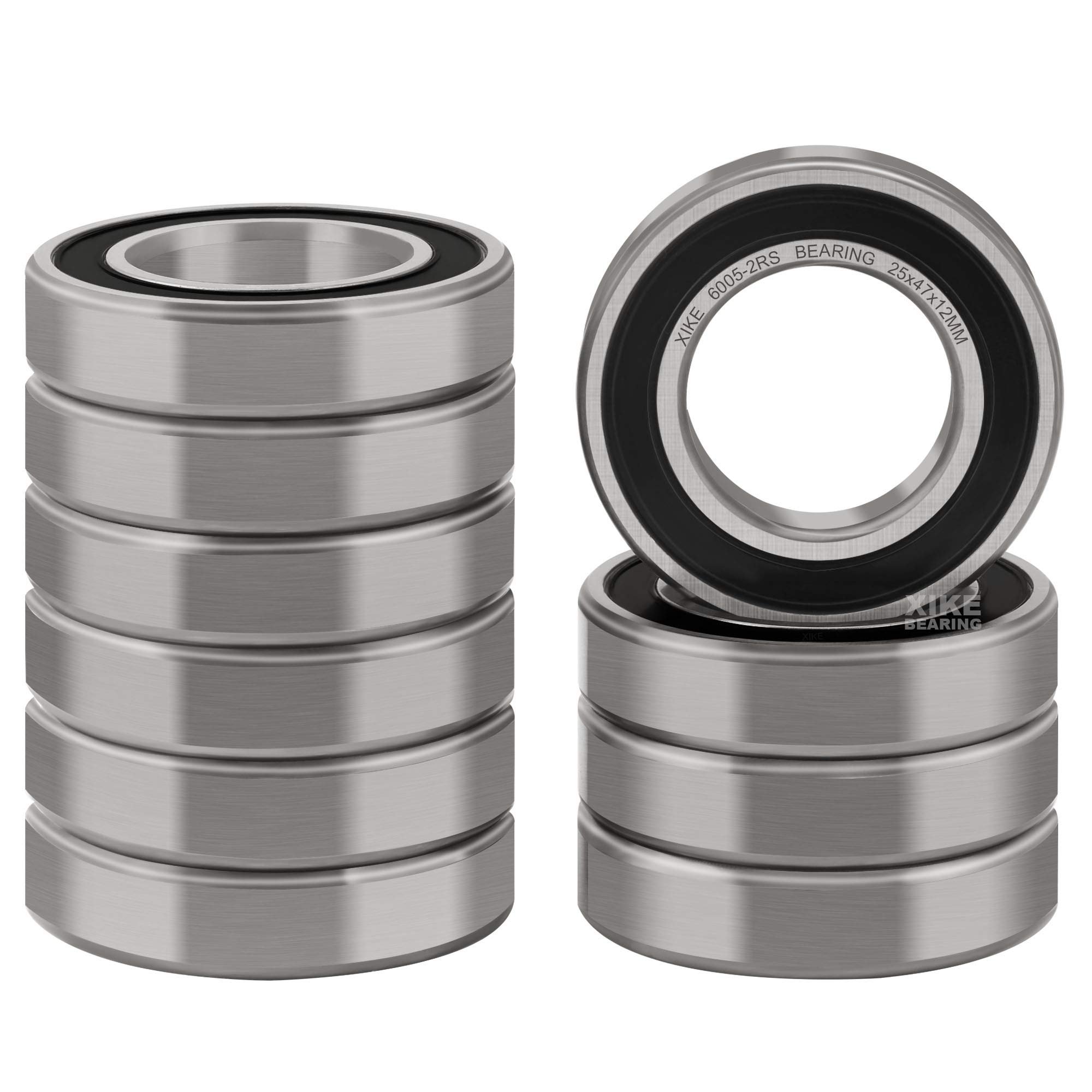 XIKE 10 pcs 6005-2RS Sealed Ball Bearing 25x47x12mm Chrome Steel and Pre-lubricated, 6005RS Deep Groove Ball Bearing with Double Rubber Seals