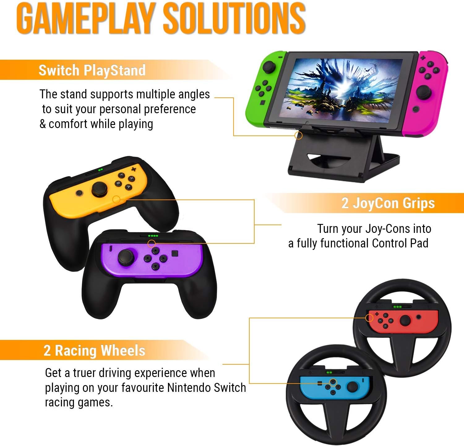 Switch Accessories Bundle - Orzly Geek Pack for Nintendo Switch: Case & Screen Protector, Joycon Grips & Racing Wheels, Switch Controller Charge Dock, Comfort Grip Case & More - JetBlack: Computers & Accessories