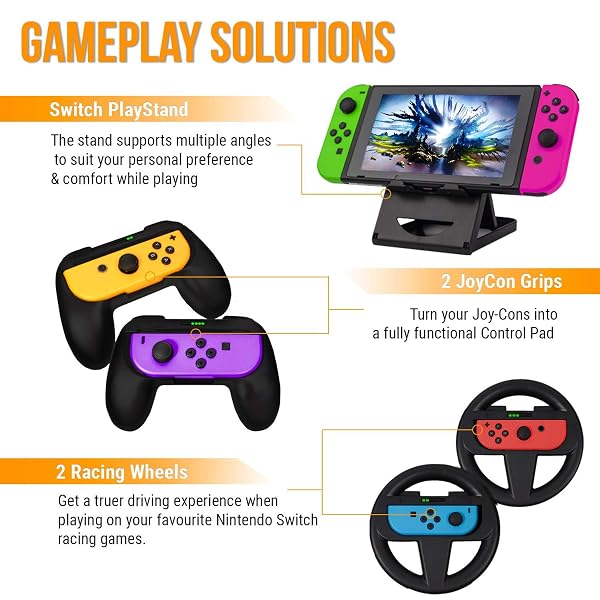 ORZLY ACCESSORY BUNDLE KIT DESIGNED FOR NINTENDO SWITCH ACCESSORIES GEEKS AND OLED CONSOLE USERS CASE AND SCREEN PROTECTOR, JOYCON GRIPS AND WHEELS FOR ENHANCED GAMES PLAY AND MORE – JET BLACK